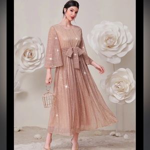 SHEIN Modely Flounce Sleeve Belted Sequin Dress